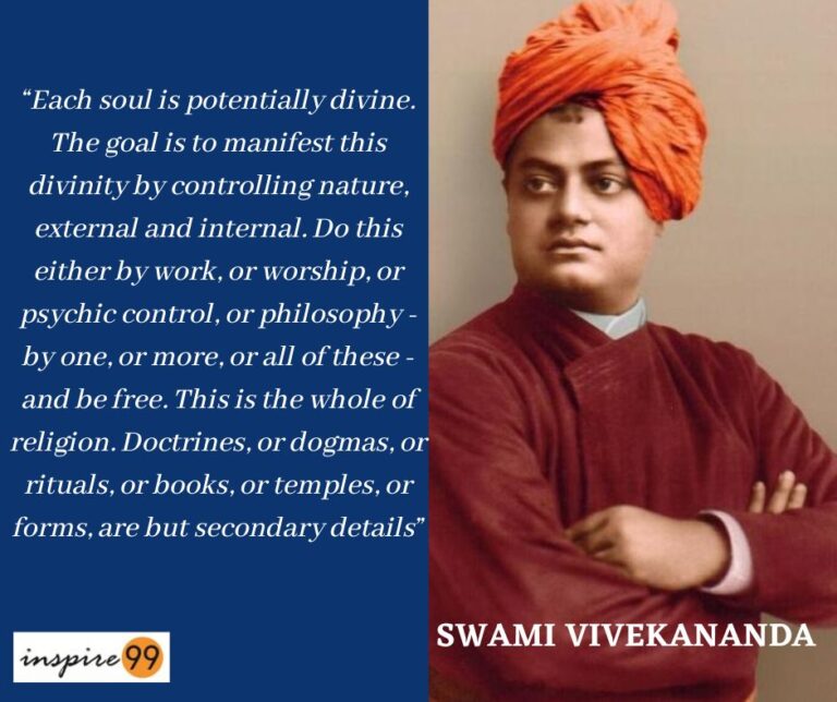 Each soul is potentially divine quote from Vivekananda, finding your spirituality and developing character to help the world to become a better place