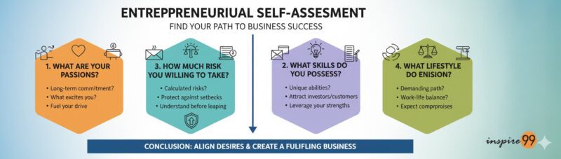 Infographic: Entrepreneurial Self-Assessment. Find your path to business success. Visualizes four key questions for entrepreneurs: 1. What are your passions? 2. What skills do you possess? 3. How much risk are you willing to take? 4. What lifestyle do you envision? Concludes with aligning desires to create a fulfilling business. Features the Inspire99 logo. Ideal for those looking for a Self-Assessment for entrepreneurs guide